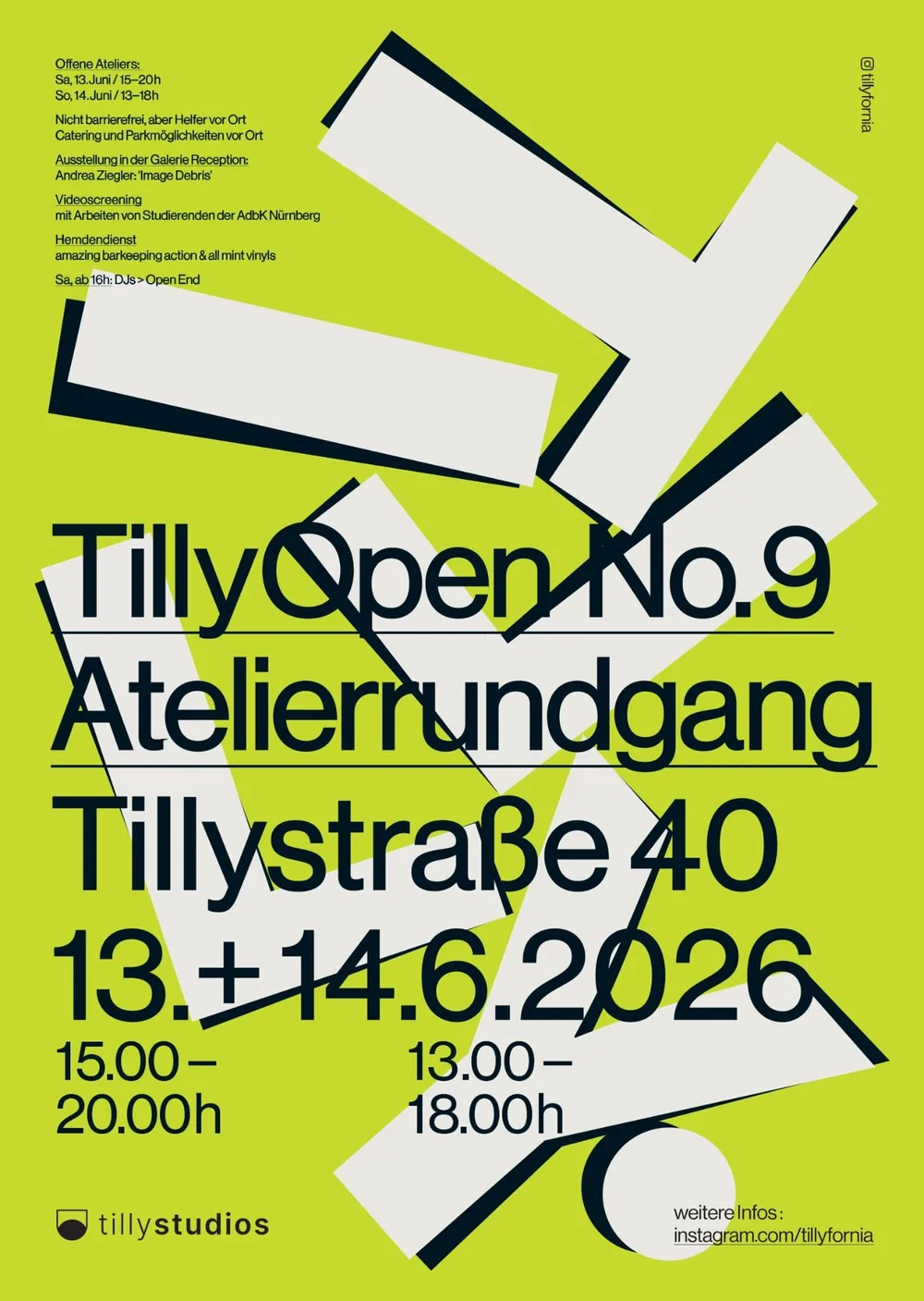 Plakat „TillyOpen No.9 – Atelierrundgang“, Tillystraße 40, 13.+14. Juni 2026